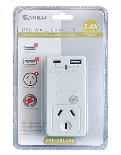 Sansai USB C + A 2xUSB charging Outlets Power Adaptor 240V 10A Power status indicator Wall Charge... - Image 2