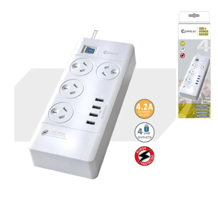Sansai 4 Outlets  4 USB Outlets Surge Protected Powerboard Master On/Off switch 1M lead  Right an...