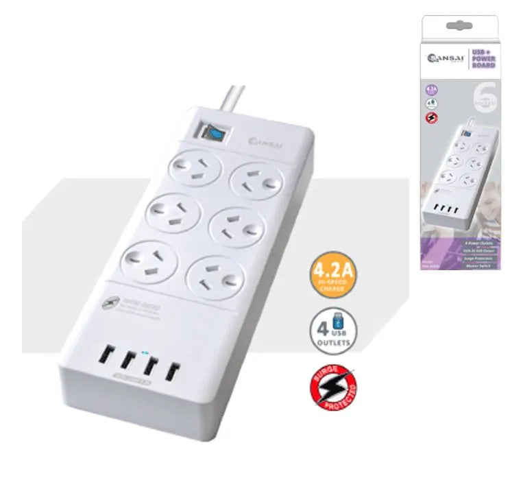 Sansai 6 Outlets  4 USB Outlets Surge Protected Powerboard Master On/Off switch Surge and overloa...
