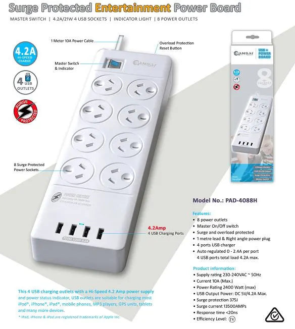 Sansai 8 Outlets  4 USB Outlets Surge Protected Powerboard Master On/Off switch 1M lead  Right an...