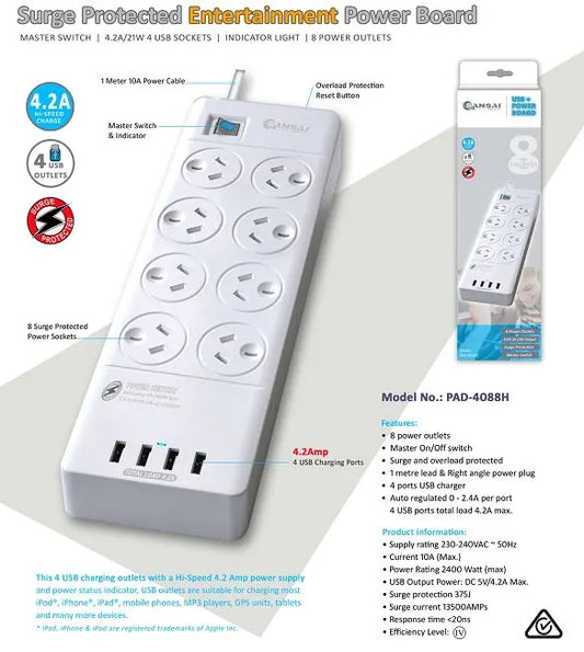 Sansai 8 Outlets  4 USB Outlets Surge Protected Powerboard Master On/Off switch 1M lead  Right an...