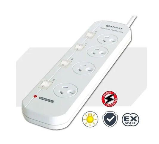 Sansai 4-Way Power Board (421SW) with Individual Switches and Surge Protection 2 Extra Spaced Soc...