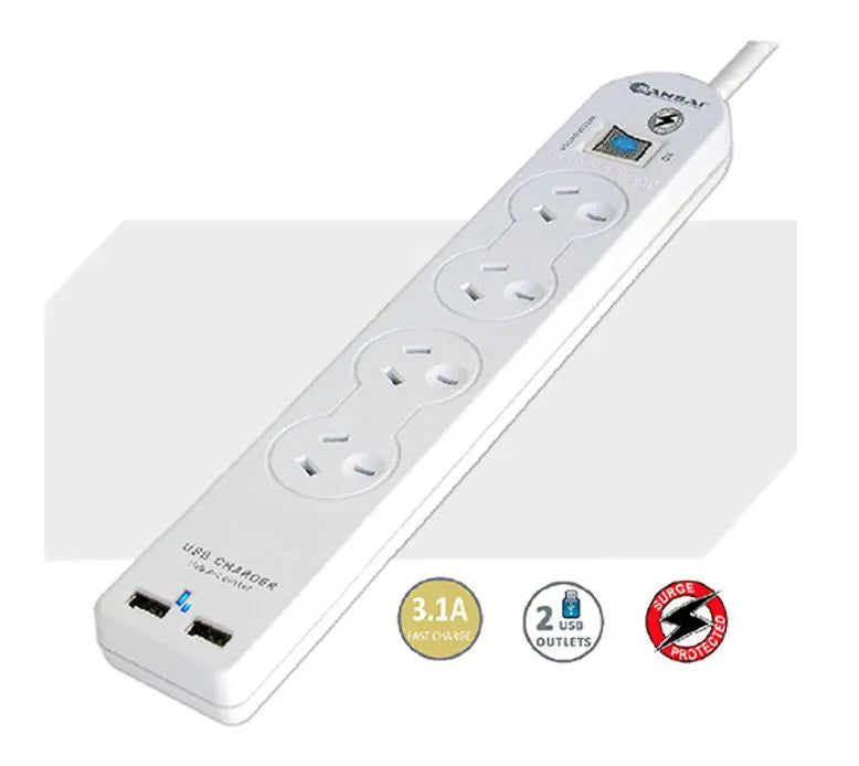 Sansai 4 Way Basic Powerboard USB Ax2 4 Outlets Master Switch Surge and overload protection1M Len...