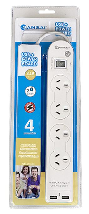 Sansai 4 Way Basic Powerboard USB Ax2 4 Outlets Master Switch Surge and overload protection1M Len... - Image 2