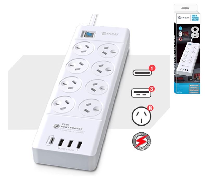 Sansai 8 Outlet 3*USB-A  1*USB-C Powerboard Master On/Off switch Surge and overload protected 1M...