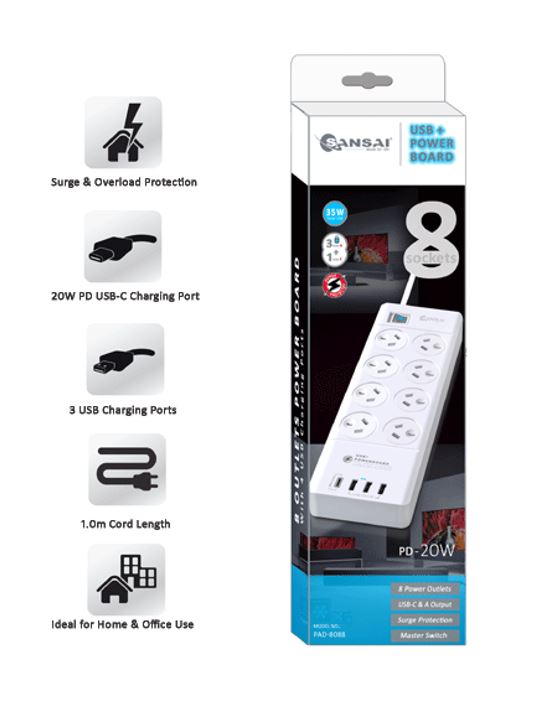 Sansai 8 Outlet 3*USB-A  1*USB-C Powerboard Master On/Off switch Surge and overload protected 1M... - Image 2