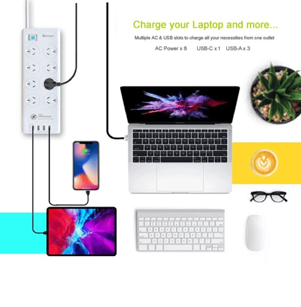 Sansai 8 Outlet 3*USB-A  1*USB-C Powerboard Master On/Off switch Surge and overload protected 1M... - Image 3