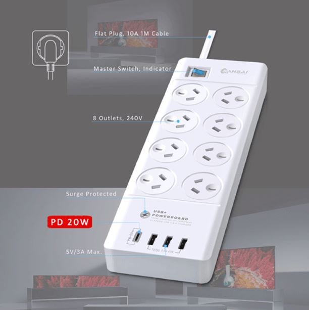 Sansai 8 Outlet 3*USB-A  1*USB-C Powerboard Master On/Off switch Surge and overload protected 1M... - Image 4