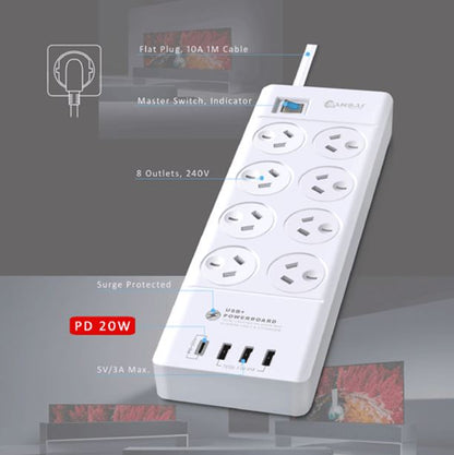 Sansai 8 Outlet 3*USB-A  1*USB-C Powerboard Master On/Off switch Surge and overload protected 1M... - Image 4