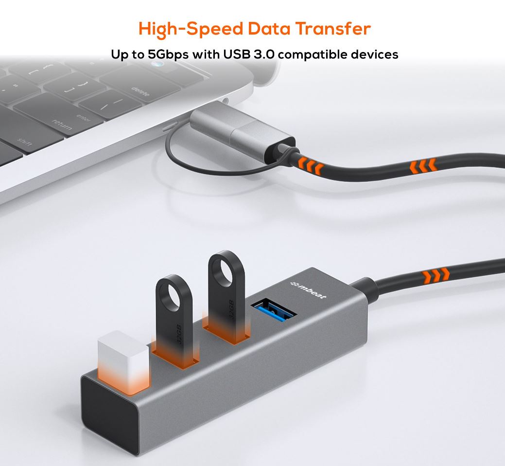 mbeat® 4-Port USB 3.0 Hub with 2-in-1 USB 3.0  USB-C Converter - Space Grey transfer speeds up to... - Image 2