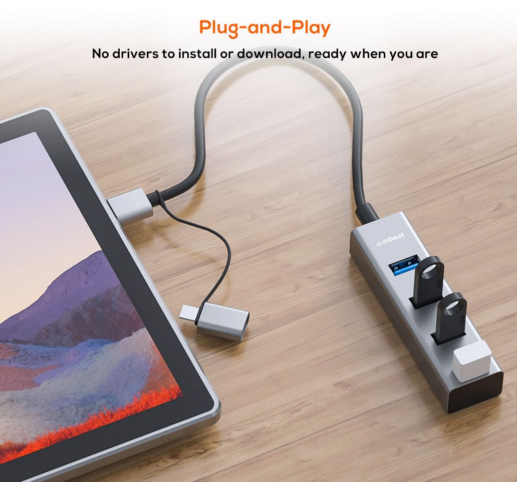 mbeat® 4-Port USB 3.0 Hub with 2-in-1 USB 3.0  USB-C Converter - Space Grey transfer speeds up to... - Image 3