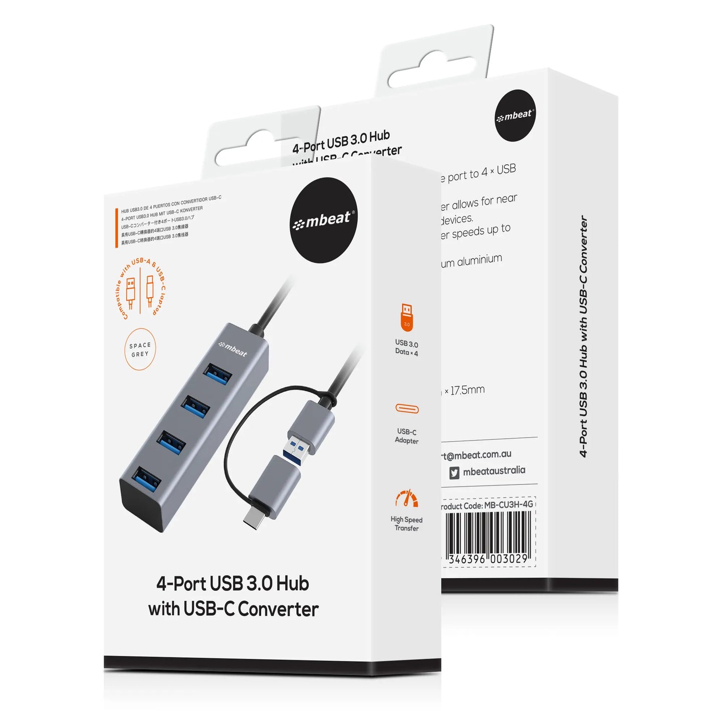 mbeat® 4-Port USB 3.0 Hub with 2-in-1 USB 3.0  USB-C Converter - Space Grey transfer speeds up to... - Image 4
