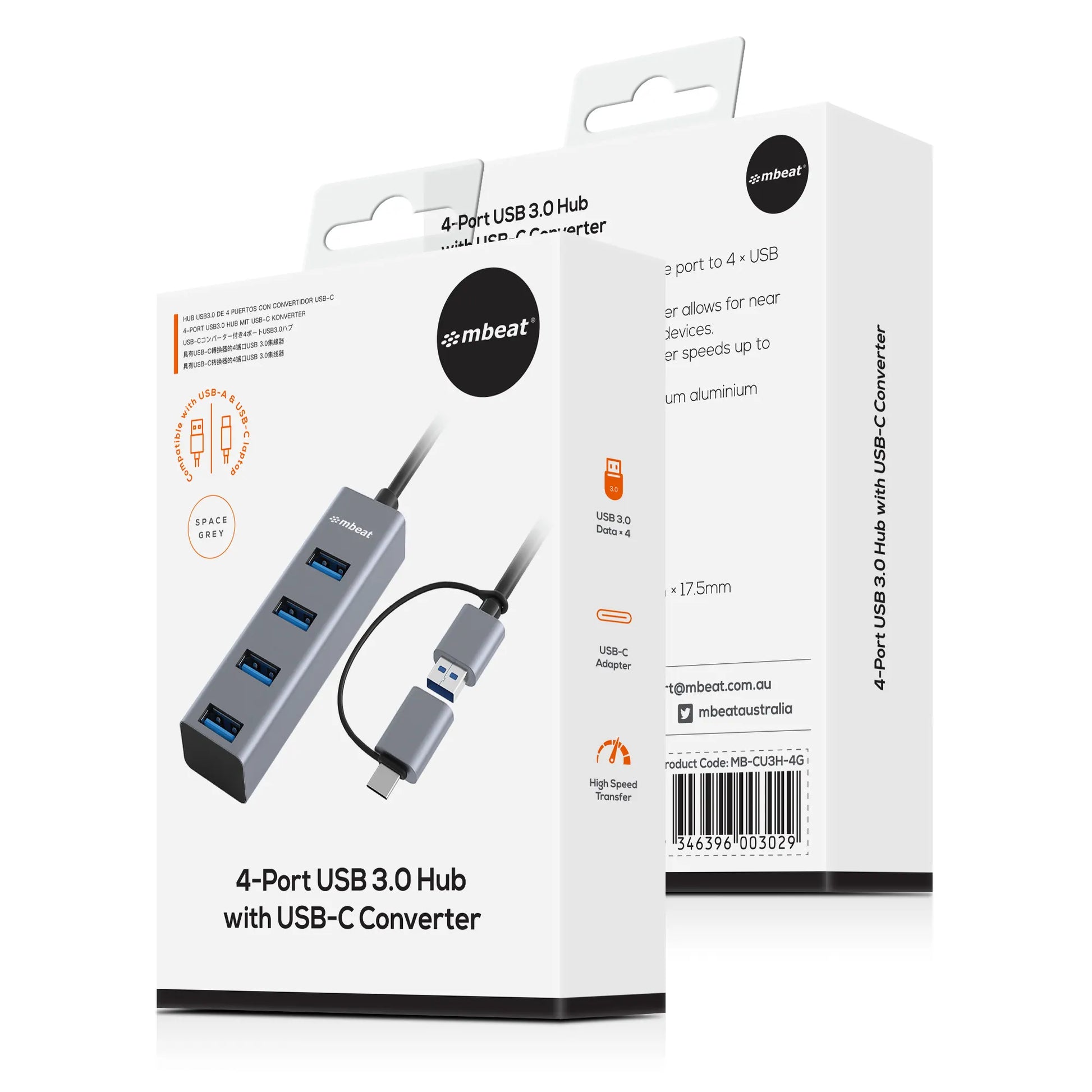 mbeat® 4-Port USB 3.0 Hub with 2-in-1 USB 3.0  USB-C Converter - Space Grey transfer speeds up to... - Image 4