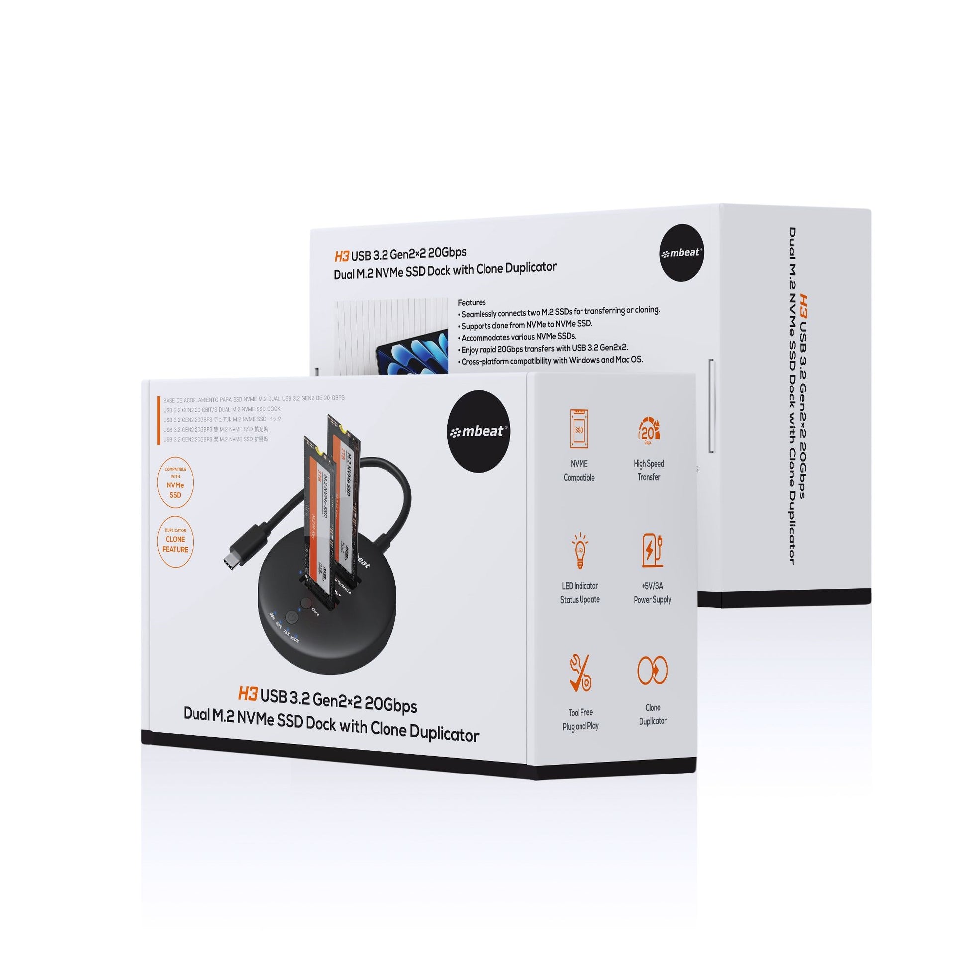 mbeat® H3 USB 3.2 Gen2x2 20Gbps Dual M.2 NVMe SSD Dock with Clone Duplicator (Black) Clone Speed:... - Image 4