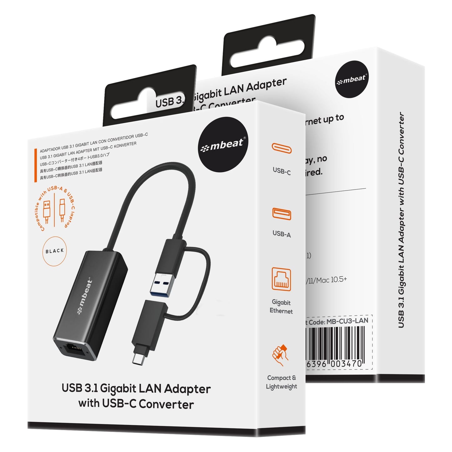mbeat® 2-in-1 USB 3.1 Gigabit LAN Adapter with USB-C Converter/ USB 3.1/ RJ45/ Transfer Speed: 10... - Image 4