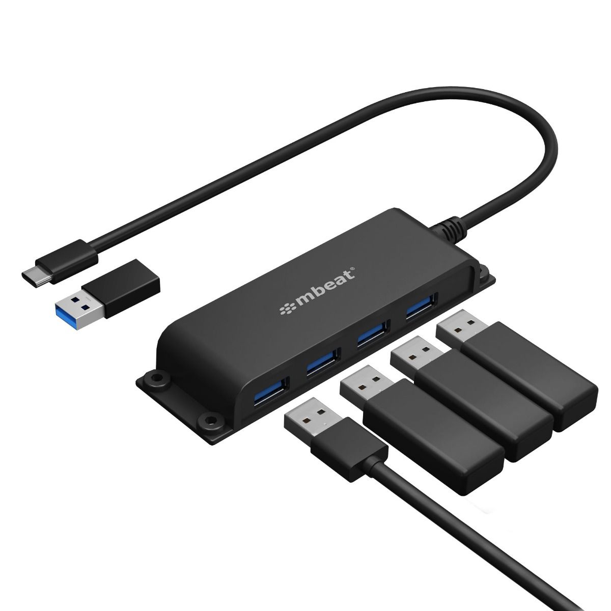 mbeat® Mountable 4-Port USB-A  USB-C Adapter Hub - 60cm Data Cable, USB 3.0, 2.0 High-Speed Data...