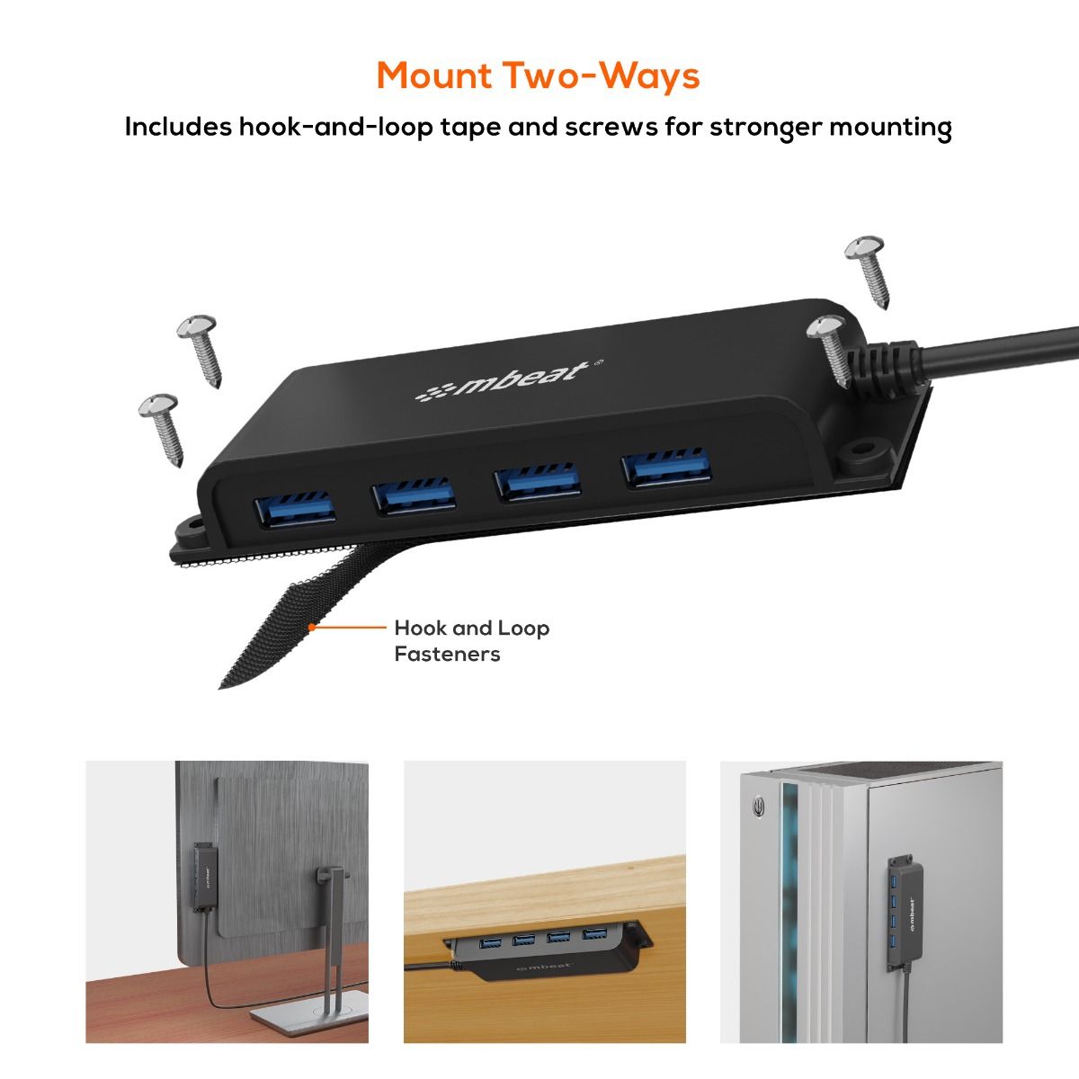 mbeat® Mountable 4-Port USB-A  USB-C Adapter Hub - 60cm Data Cable, USB 3.0, 2.0 High-Speed Data... - Image 2