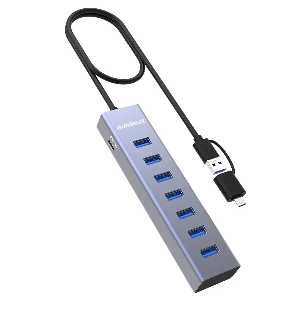 mbeat® 7-Port USB Hub with Dual USB-A  USB-C Connector 7 High-Speed USB 3.2 Gen 1 Ports - USB, Bl...
