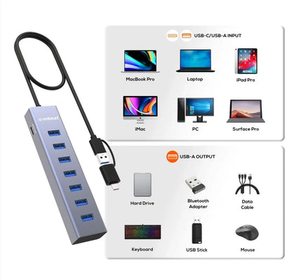 mbeat® 7-Port USB Hub with Dual USB-A  USB-C Connector 7 High-Speed USB 3.2 Gen 1 Ports - USB, Bl... - Image 3