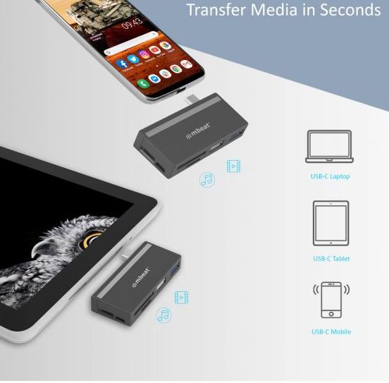 mbeat® Essential  5-IN-1 USB- C Hub ( USB hub 2.0, 3.0, SD/TF Card Reader Supports SDXC, MicroSDXC) USB 3.0 Speed: Up to 5Gbps Weight: 18g