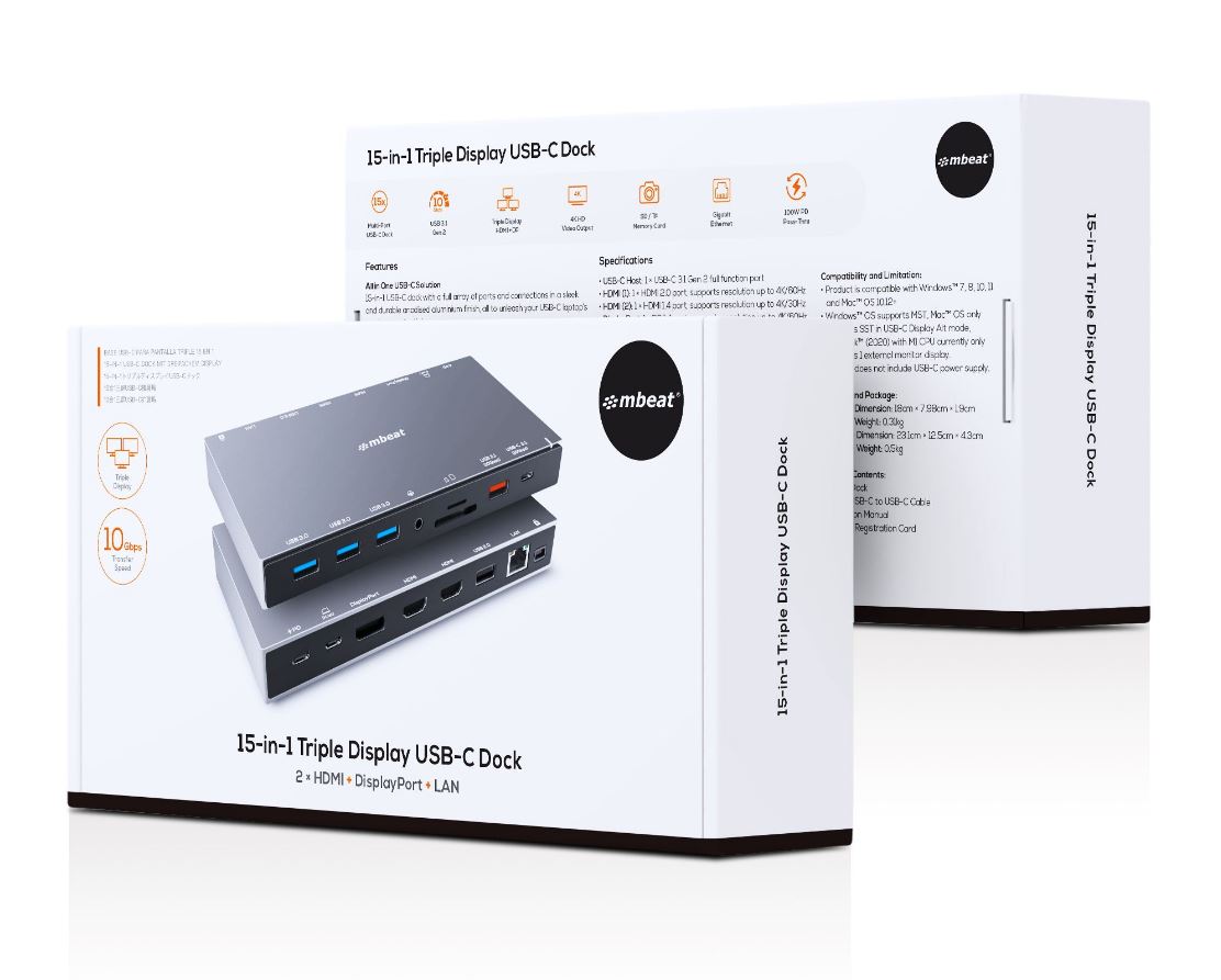 mbeat® 15-in-1 Triple Display USB-C Docking Station 2x HDMI 1x DP 1x 100W PD 3.0 1x USB-C 3.1 Gen... - Image 4