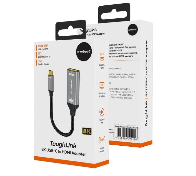 mbeat® Tough Link 8K USB-C to HDMI Adapter - Space Grey Up to 48Gbps (HDMI 2.1) Up to 8K (7680 x... - Image 2