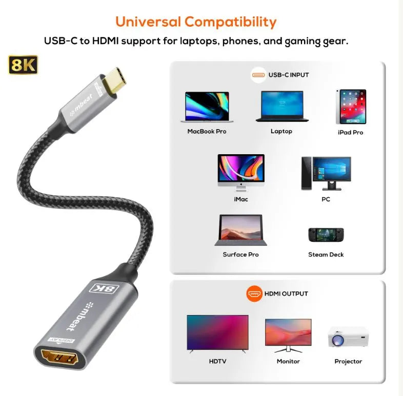 mbeat® Tough Link 8K USB-C to HDMI Adapter - Space Grey Up to 48Gbps (HDMI 2.1) Up to 8K (7680 x... - Image 3
