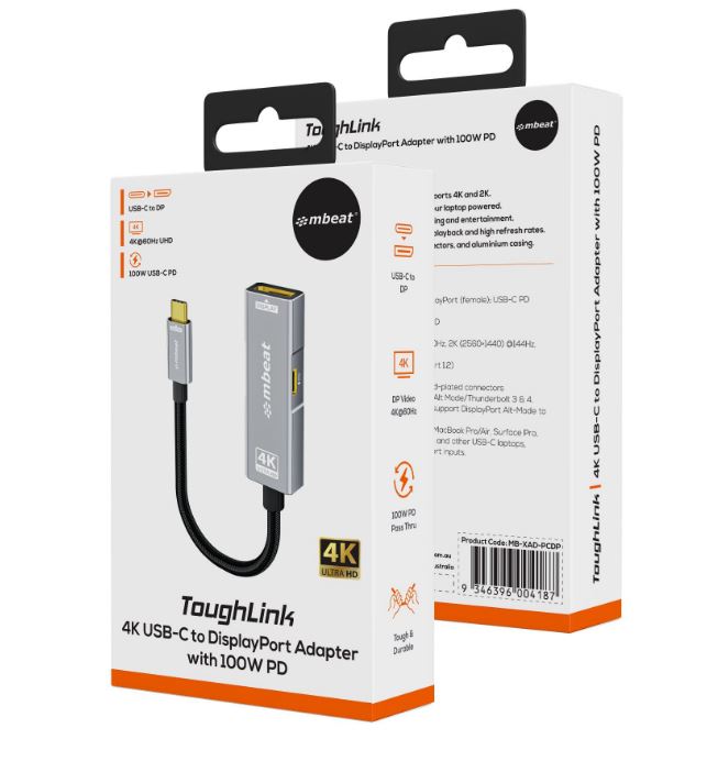 mbeat® Tough Link USB-C to DP Adapter with 100W PD - Space Grey 4K (3840 x 2160) @60Hz, 2K (2560...