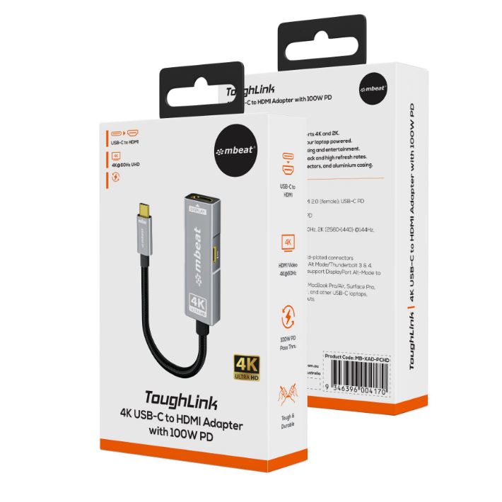 mbeat® Tough Link USB-C to HDMI Adapter with 100W PD - Space Grey  5V-20V/5A, 100W PD  Up to 4K (...