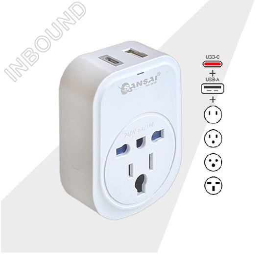 Sansai USB Travel Adaptor USB A + C 2xUSB Charging Outlets 100-240VAC 10A 2400W Compatible with p...