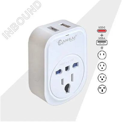 Sansai USB Travel Adaptor USB A + C 2xUSB Charging Outlets 100-240VAC 10A 2400W Compatible with p...