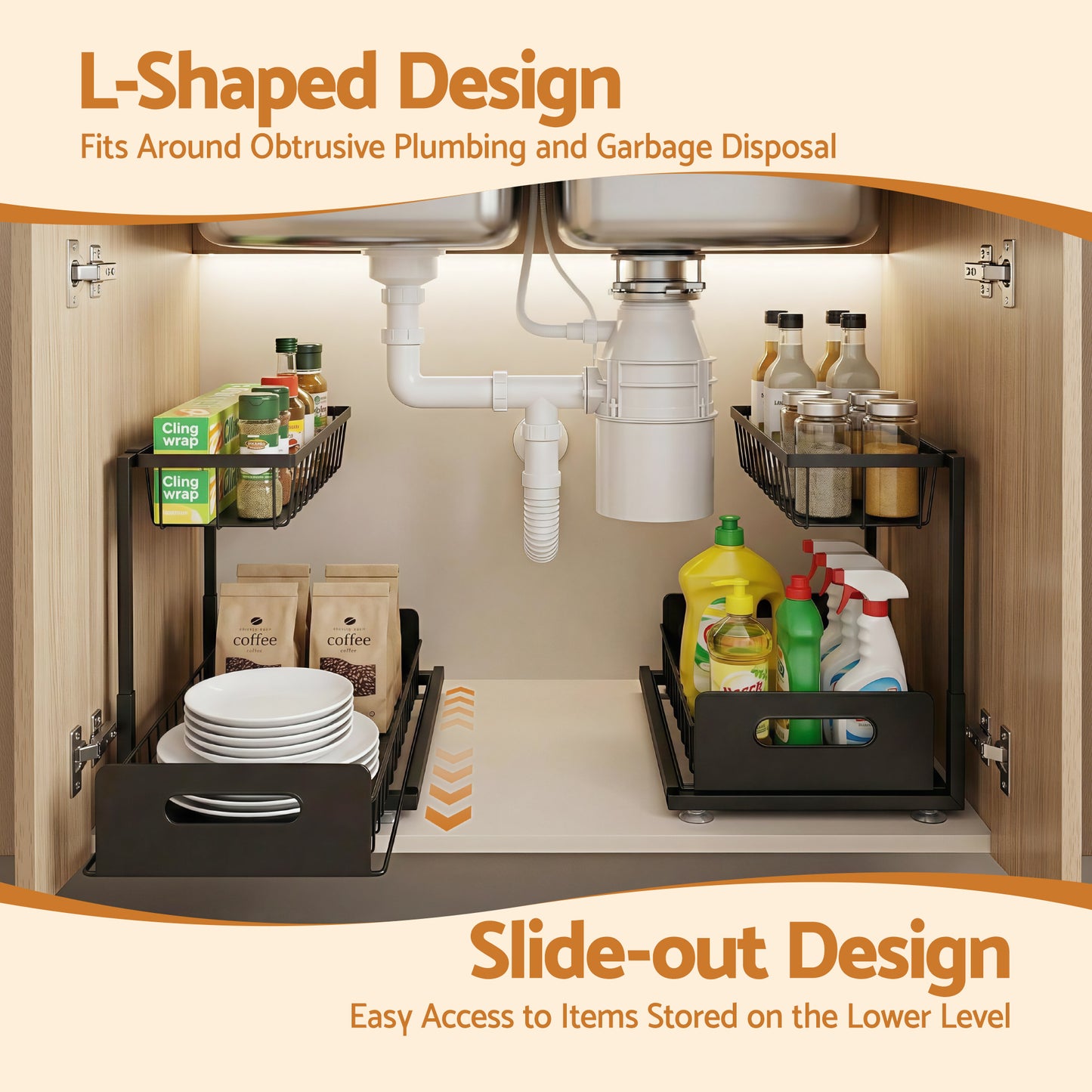 Artiss Under Sink Organizer Storage L Shape 1 Pull Out Drawers Kitchen Cabinet Shelf - Image 4