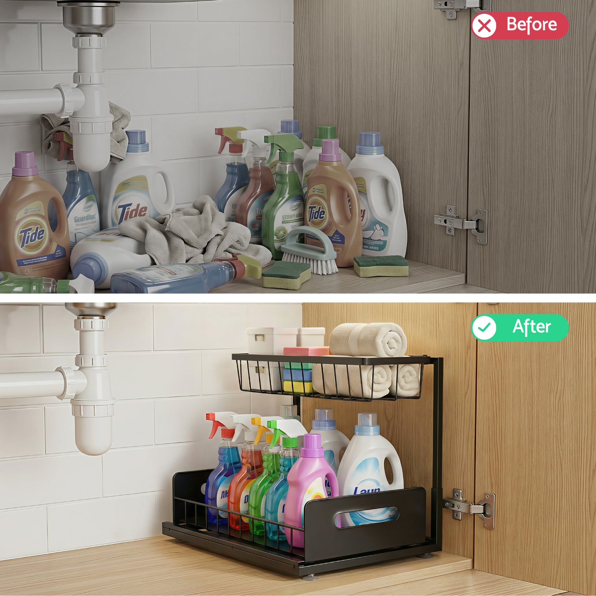 Artiss Under Sink Organizer Storage L Shape 1 Pull Out Drawers Kitchen Cabinet Shelf - Image 5