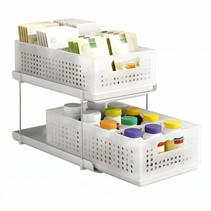 Artiss Under Sink Organizer 2 Tier Pull Out Drawer with Removable Baskets & Divider White
