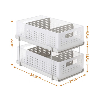 Artiss Under Sink Organizer 2 Tier Pull Out Drawer with Removable Baskets & Divider White - Image 2