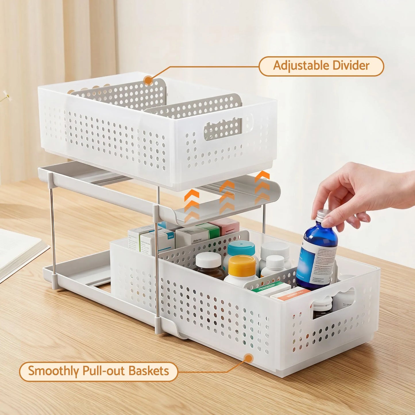 Artiss Under Sink Organizer 2 Tier Pull Out Drawer with Removable Baskets & Divider White - Image 4