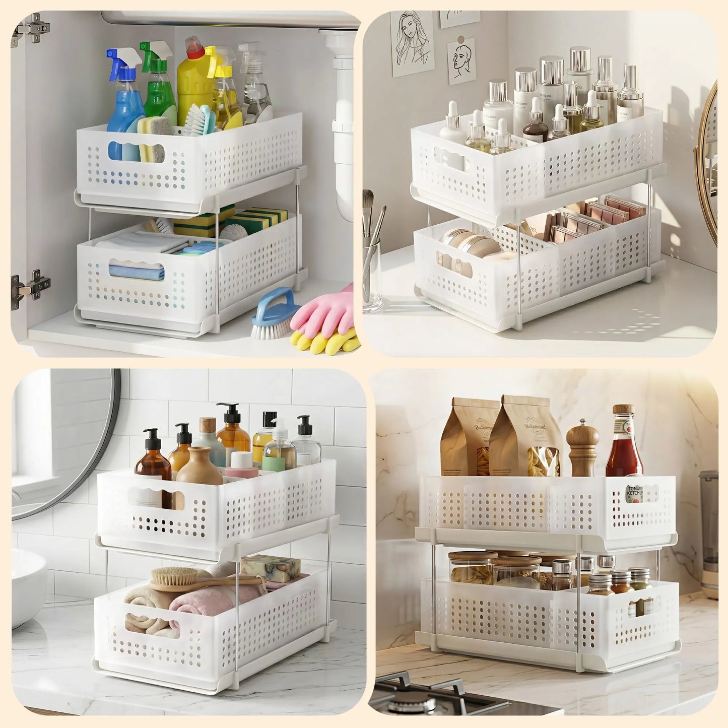 Artiss Under Sink Organizer 2 Tier Pull Out Drawer with Removable Baskets & Divider White - Image 6