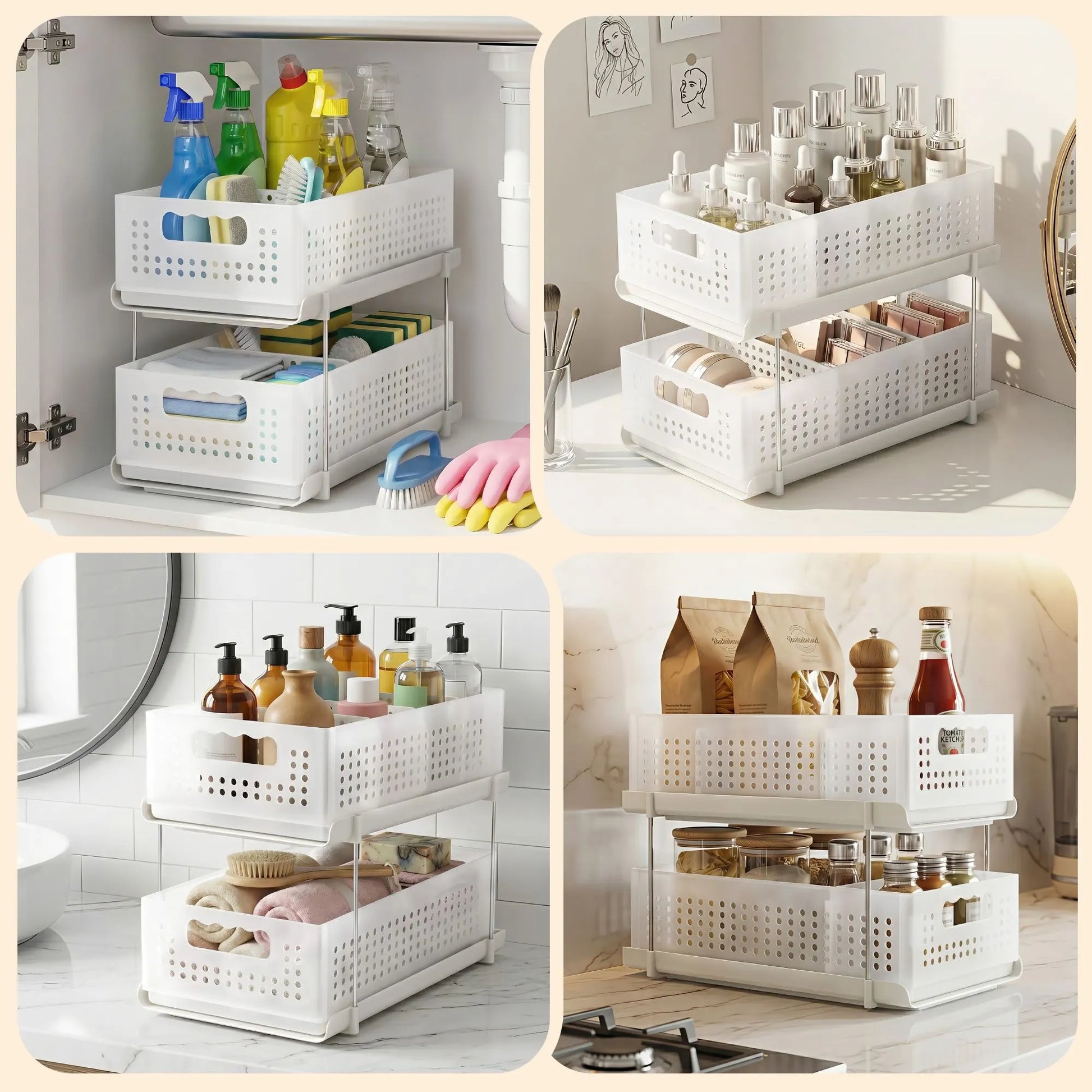 Artiss Under Sink Organizer 2 Tier Pull Out Drawer with Removable Baskets & Divider White - Image 6