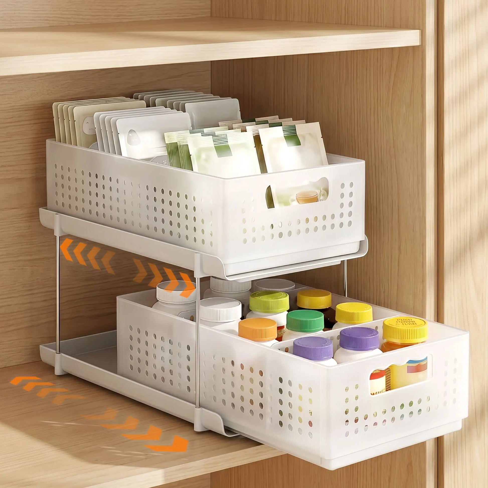 Artiss Under Sink Organizer 2 Tier Pull Out Drawer with Removable Baskets & Divider White - Image 7