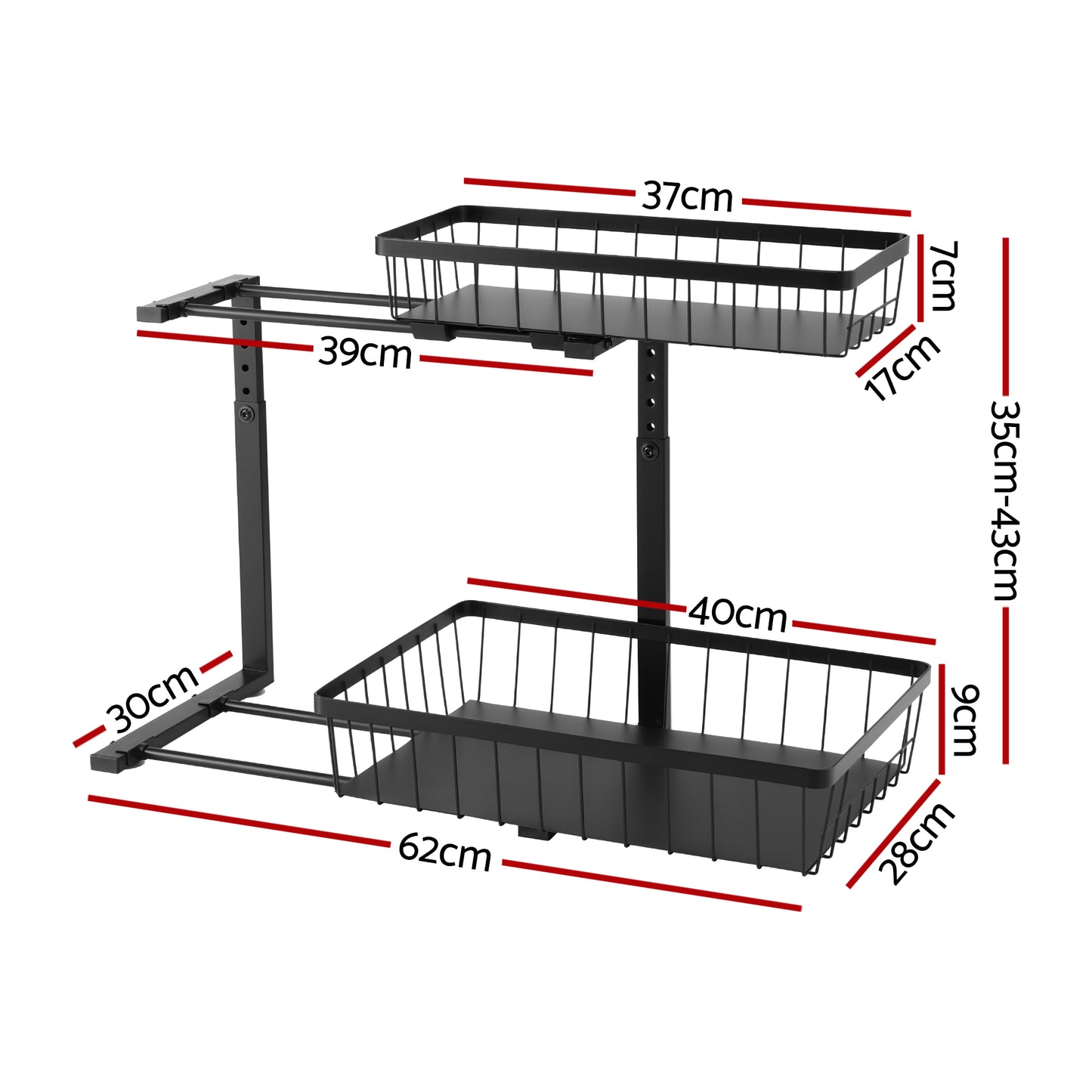 Artiss Under Sink Organizer Storage with 2 Slide Out Drawers 5 Adjustable Height Bathroom Kitchen Cabinet Black - Image 2