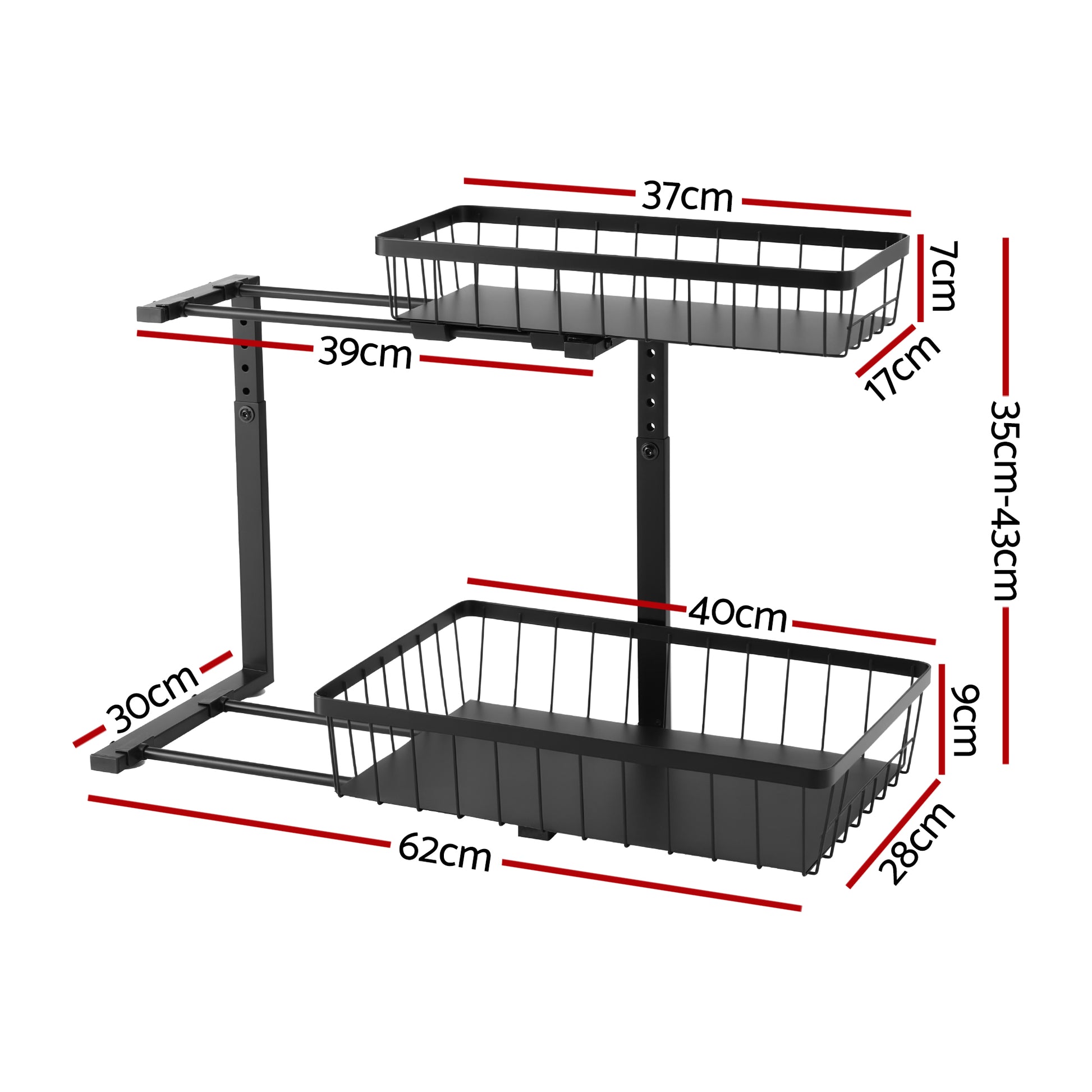 Artiss Under Sink Organizer Storage with 2 Slide Out Drawers 5 Adjustable Height Bathroom Kitchen Cabinet Black - Image 2