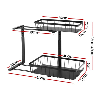 Artiss Under Sink Organizer Storage with 2 Slide Out Drawers 5 Adjustable Height Bathroom Kitchen Cabinet Black - Image 2