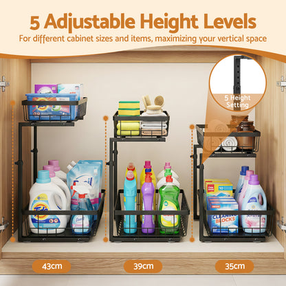 Artiss Under Sink Organizer Storage with 2 Slide Out Drawers 5 Adjustable Height Bathroom Kitchen Cabinet Black - Image 5