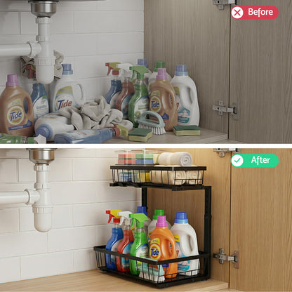 Artiss Under Sink Organizer Storage with 2 Slide Out Drawers 5 Adjustable Height Bathroom Kitchen Cabinet Black - Image 6