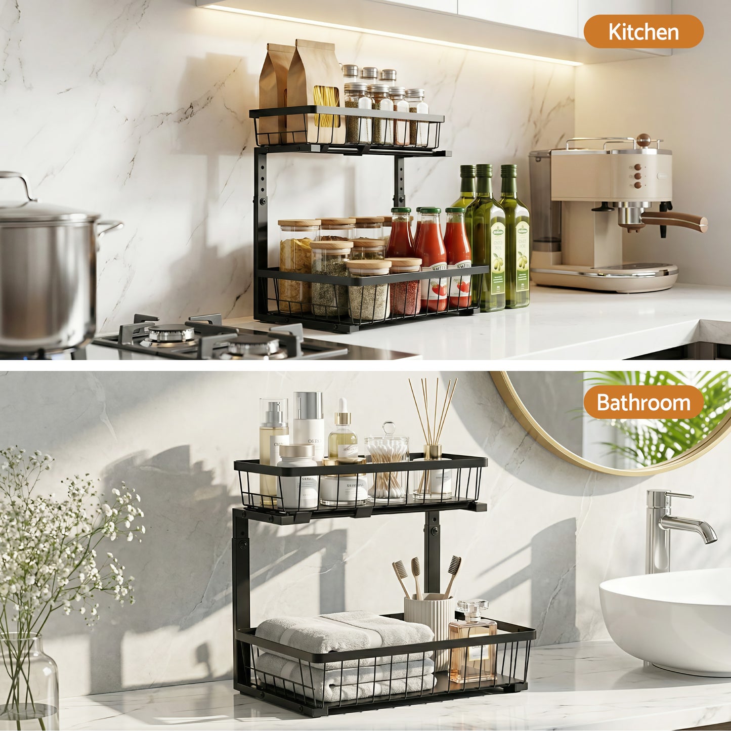 Artiss Under Sink Organizer Storage with 2 Slide Out Drawers 5 Adjustable Height Bathroom Kitchen Cabinet Black - Image 7