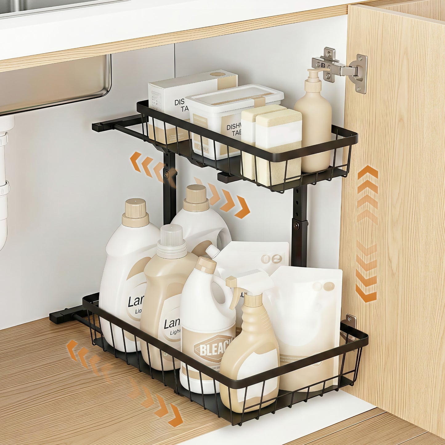 Artiss Under Sink Organizer Storage with 2 Slide Out Drawers 5 Adjustable Height Bathroom Kitchen Cabinet Black - Image 8