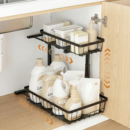 Artiss Under Sink Organizer Storage with 2 Slide Out Drawers 5 Adjustable Height Bathroom Kitchen Cabinet Black - Image 8