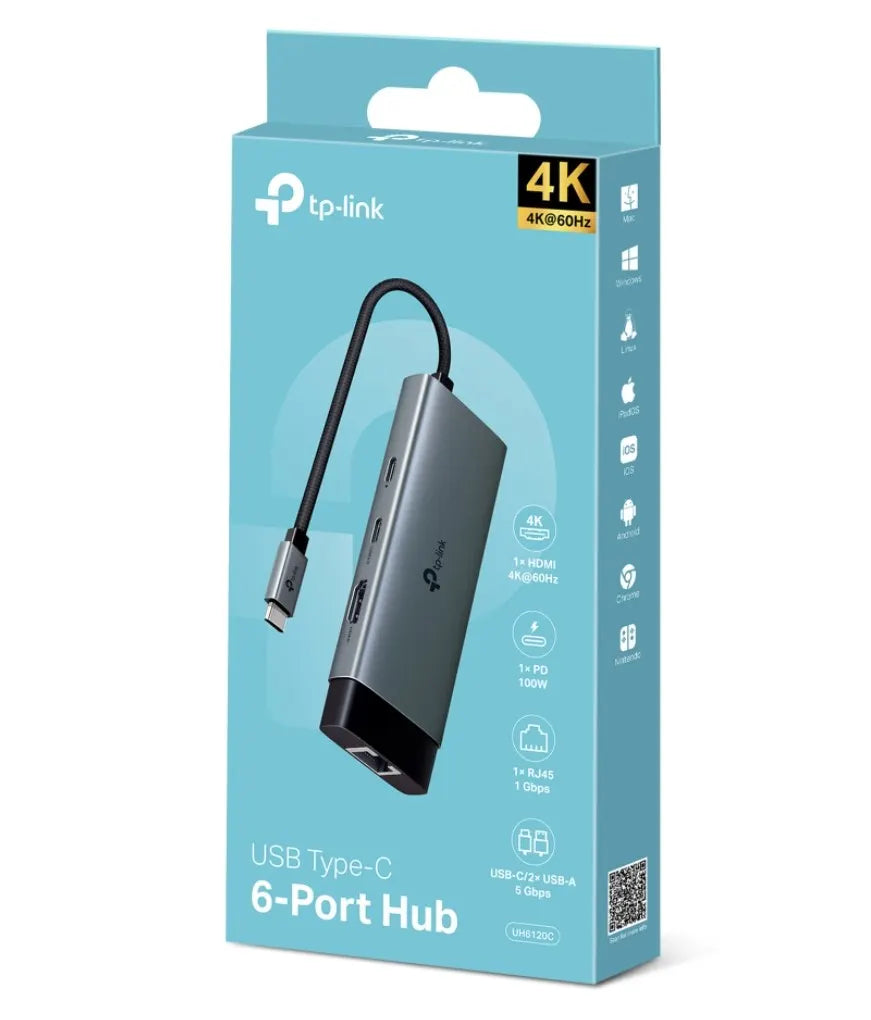 TP-Link UH6120C USB Type-C 6-Port Hub,4K@60Hz HDMI, 1 Gbps ethernet, 100W Power Delivery, 1× USB...