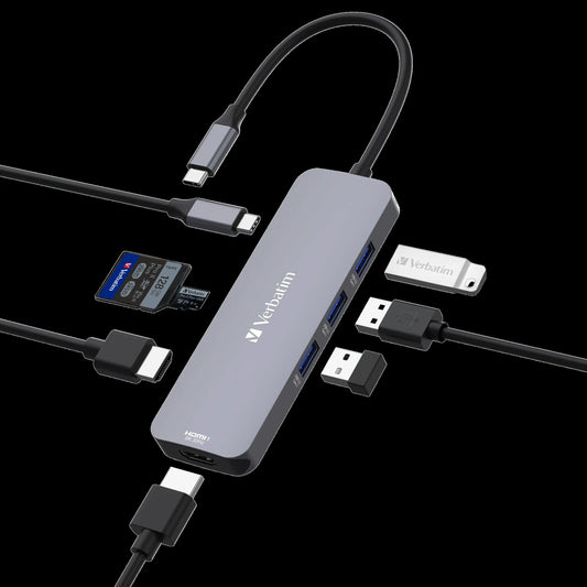 Verbatim USB-C Pro Multiport Hub 8 Ports, 2x HDMI 8K30+4K30 dual display, 3x USB-A 3.2 Gen1, SD +...