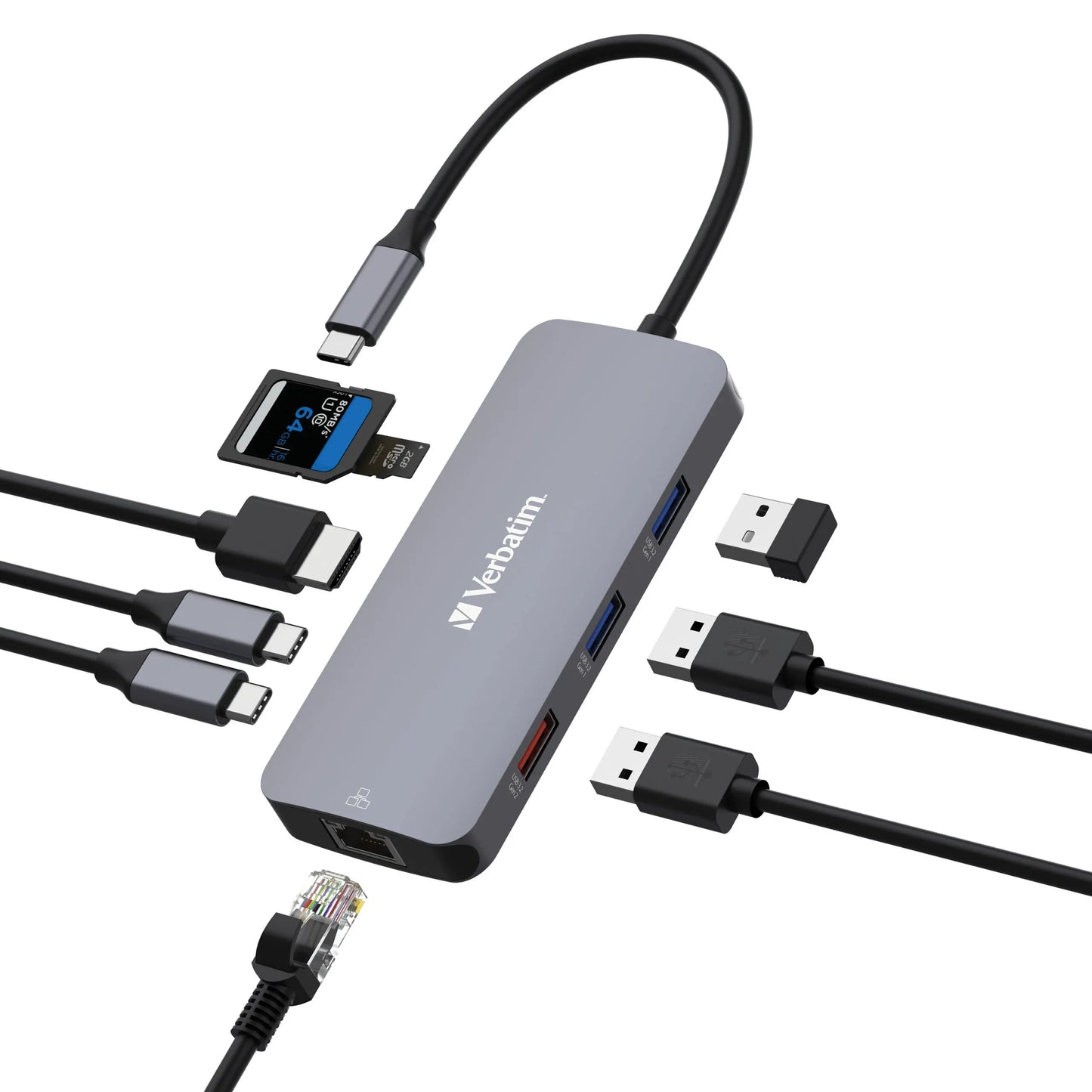 Verbatim USB-C Pro Multiport Hub 9 Ports, HDMI 4K60, RJ45 1GbE, 2x USB-C + USB-A 3.2 Gen2 10Gbps...
